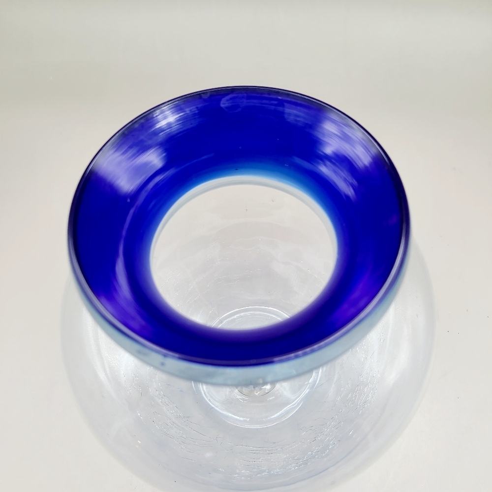 Clear Glass Vase with Cobalt Blue Rim & Handblown Crackled Bottom - Picture 3 of 6